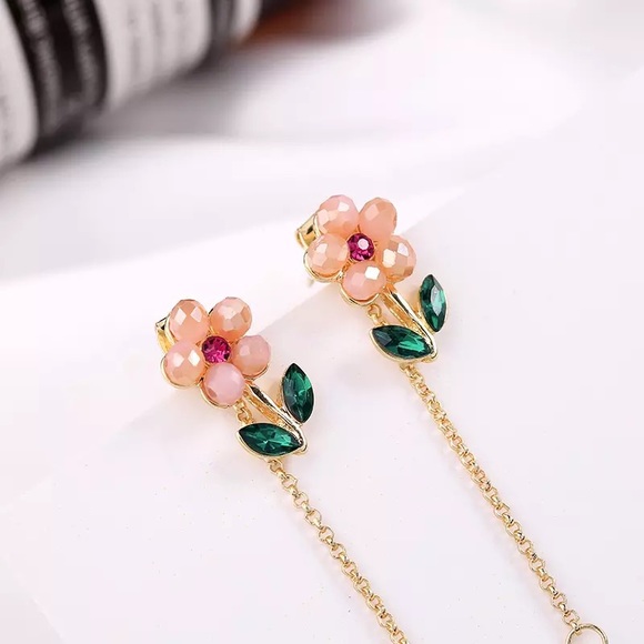 Crystal Flower Pearl Drop Stud Earrings - Picture 2 of 7